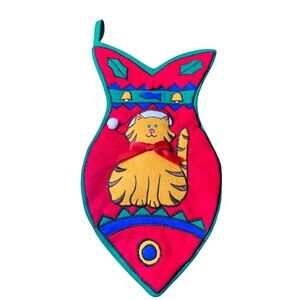 Rare L’Art Felt Fish Stockings – 14” Vintage Embroidered Cat Holiday Decor HTF